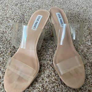 Stev Madden clear slide-on heels